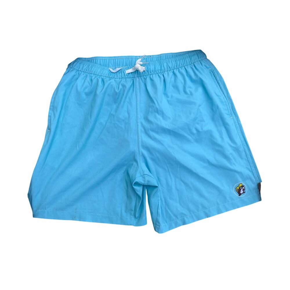 Buc-ees 3 Pocket Swim Trunks With Liner Mens M Aqua Elastic Waist